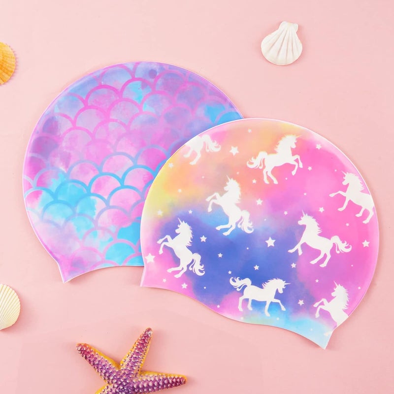 WAWSAM 2 Pack Kids Swim Cap Silicone Waterproof Swim Caps for Boys Girls (3-8 Years) Unicorn Mermaid Design Swimming Cap for Kids 3-8 Long and Short Hair - Image 5